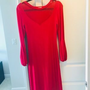 Red sexy long sleeve mesh midi pencil dress